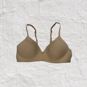 Aerie 34C Lightly Lined T-Shirt Bra Beige Lace Trim Adjustable Straps Comfort